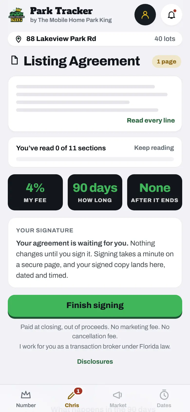 The Sign stage on a phone, sample park: 4%, 90 days, nothing after it ends, and the one-page agreement